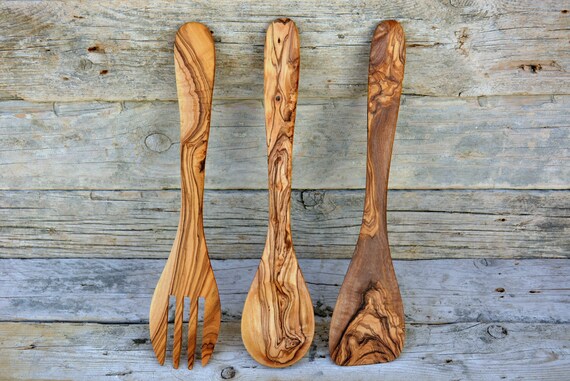 1 Spoon 1 fork Olive Wood Medium Utensils 12 inches 1 Spatula
