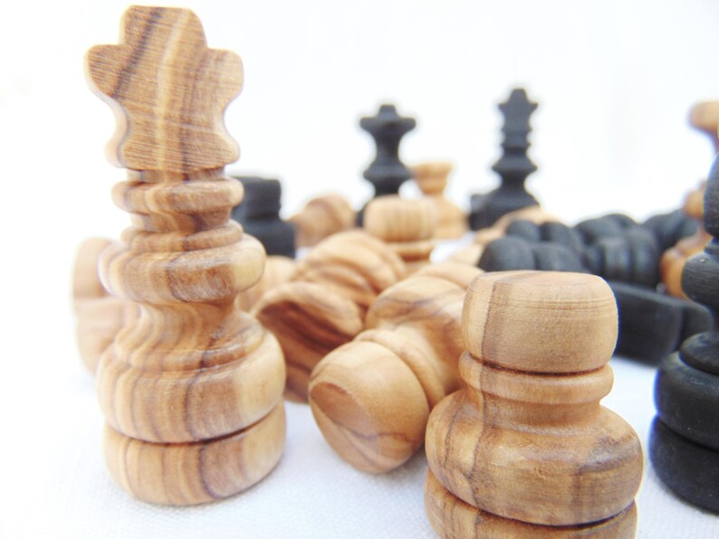 Olive Wood Hand Carved Chess Pieces Wooden Rustic Natural Image 0