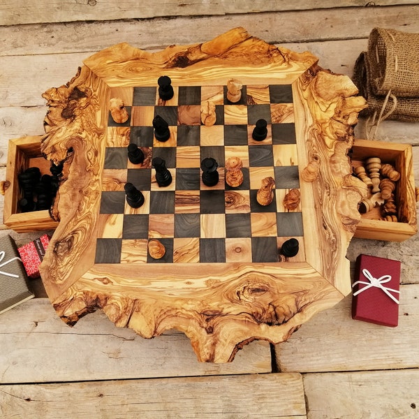Unique Chess Set, Rustic Olive Wood Chess Board, Custom Monogrammed Wooden Chess Set Game, Dad gift, Housewarming Gift