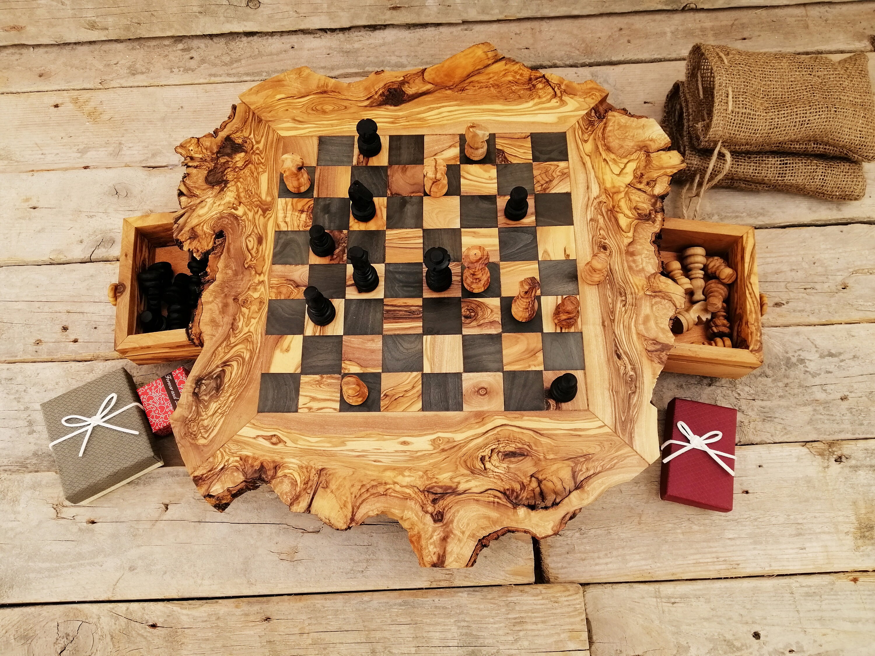 Handmade Olive Wood Chess Board Live Edge Base -  Canada