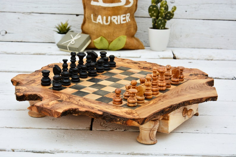 Rustic Chess Set, Unique Natural Edges Chess Set, Wooden Chess Board Set Game, Dad gift image 2
