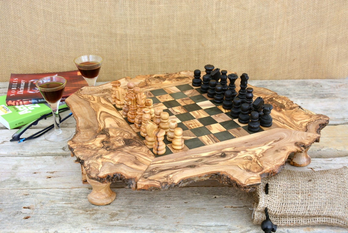 Unique Olive Wood Rustic Chess Set Board Custom Chess board Etsy