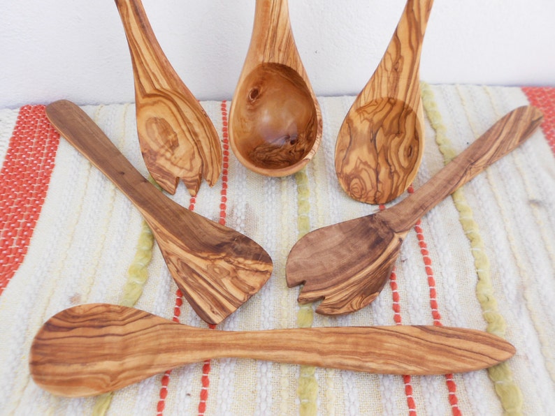 Olive Wood Utensil Set of 6 1 Ladle 1 Spatula 1 Salad Etsy