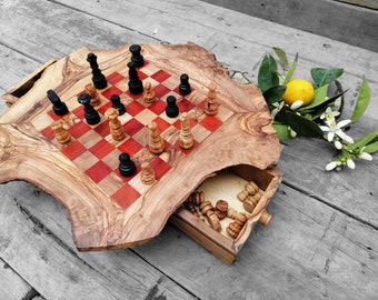 Chess Board Set, Red & White Rustic Chess Set made Of Olive Wood, Dad gift, Grandpa Gift, Birthday Gift