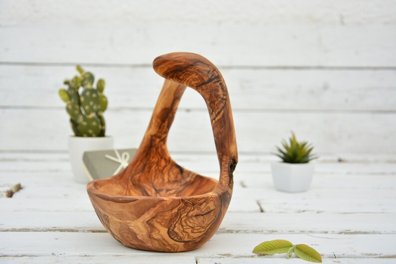 Olive Wood Fruit Bowl Basket With Handle 9 X 5.5 X 8 Inches / Etsy