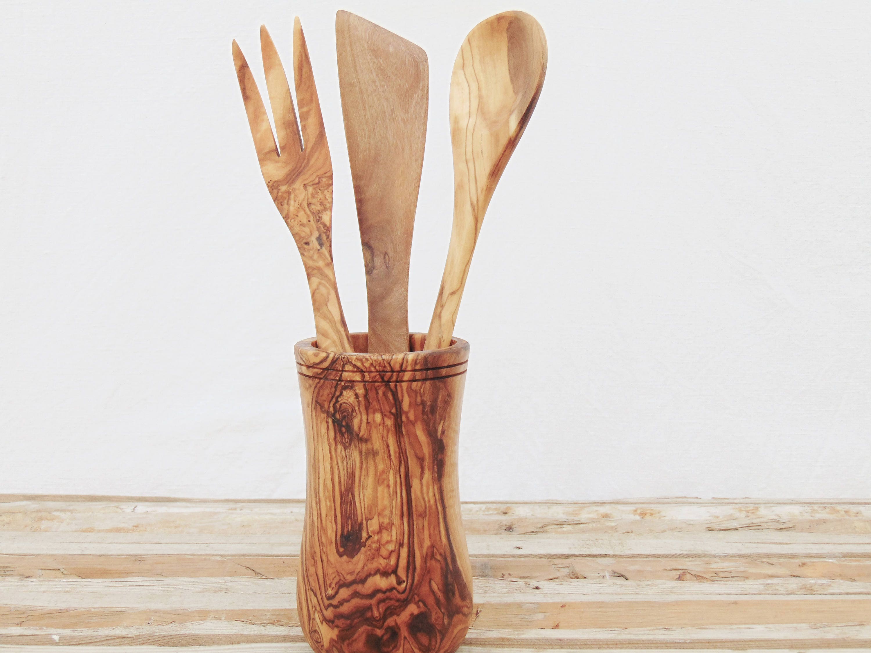 Olive Wood Utensil Holder Pot with Olive Wood Kitchen Utensil Etsy