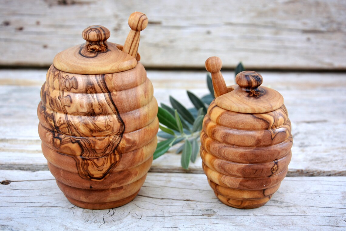 Bee Hive Shape Honey Jar Olive Wood Honey Pot Wooden Honey Etsy
