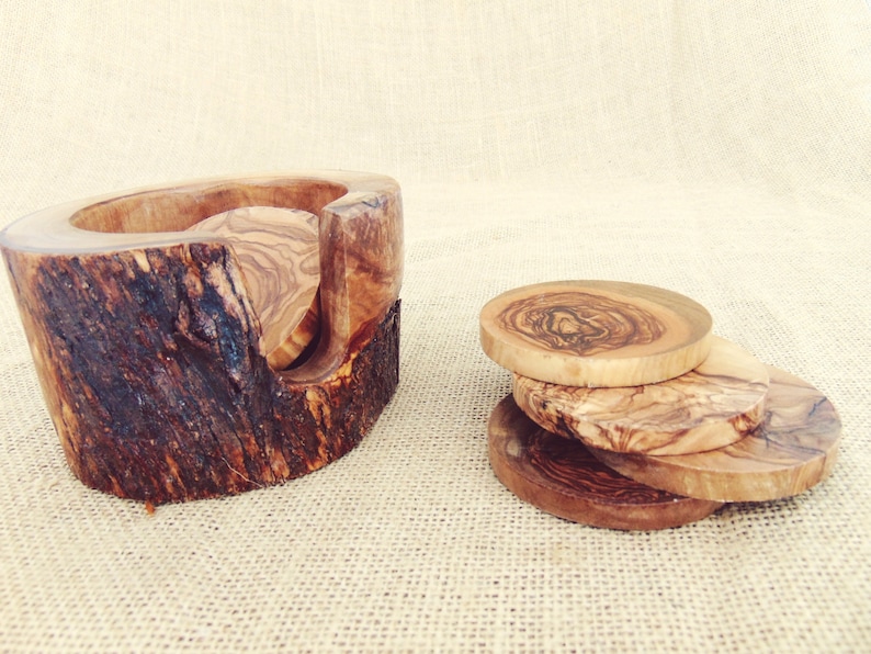Rustic Wedding Decor gift Rustic Wooden Coaster set with Rustic Holder Natural Edges Branch Decorative Wooden Natural Coaster set