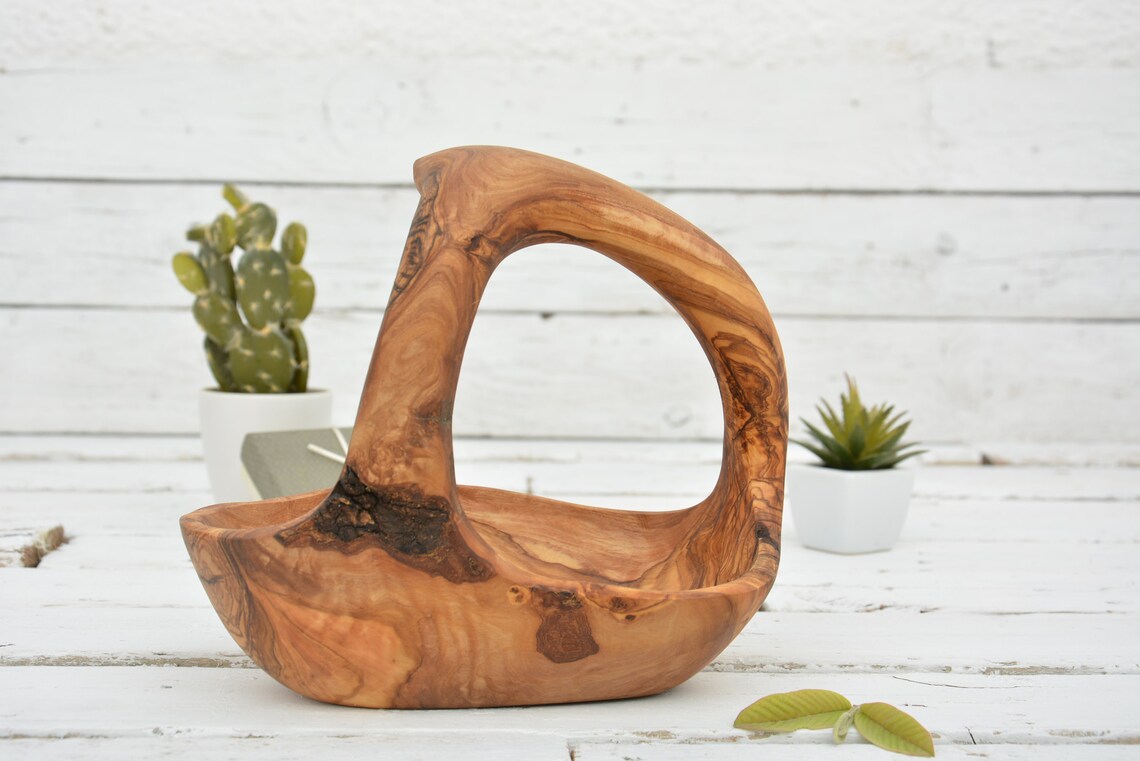 Olive Wood Fruit Bowl Basket With Handle 9 X 5.5 X 8 Inches / Etsy