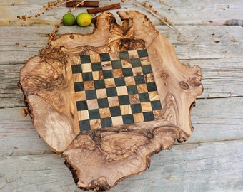 Rustic Chess Set, Unique olive wood rustic small chess set / board with natural edges BLACK SQUARES, Dad gift, Gift Under 100