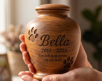 Urna funeraria de madera personalizada para mascotas, recuerdo conmemorativo para perros grabado a medida con huellas de patas.