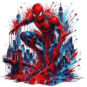 May include: A graphic illustration of Spider-Man in a crouched pose, featuring a red and blue suit with a black spider emblem. The character is surrounded by vibrant red and blue paint splatters against a detailed New York City skyline.