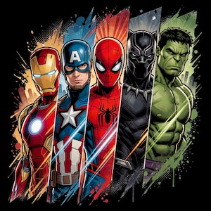 May include: A graphic print featuring five superheroes arranged in vertical panels: Iron Man in red and gold, Captain America in blue with a white star, Spider-Man in red and blue, Black Panther in black, and the green-skinned Hulk.