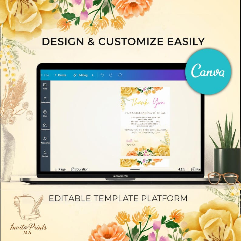 Editable Floral Birthday Thank You Card Template (digital Download ...
