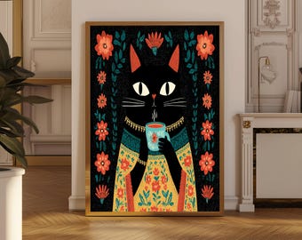 Coffee Cat Art Print – Whimsical Folk Art Style (Digital Download)