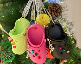 Funny Clog Christmas Ornament, Mini Shoe with Festive Charms, Christmas Gift For Clog lover, Cute Holiday Tree Decoration with Charms