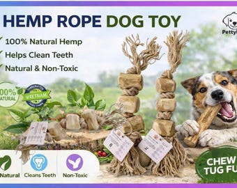 May include: Hemp rope dog toy with a natural hemp construction. The toy is designed to help clean teeth and is non-toxic. A dog is shown chewing on a bone. The text reads "Chew & Tug Fun!"