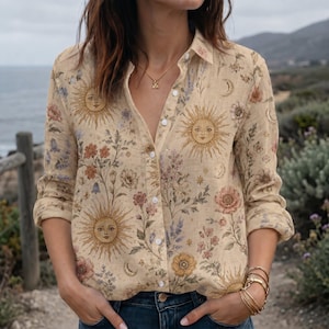 May include: A long-sleeved button-down shirt in a light beige color featuring a repeating print of suns, crescent moons, and various wildflowers in shades of yellow, orange, pink, and blue. The shirt has a classic collar and white buttons.