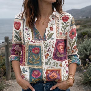 May include: A long-sleeved button-down shirt featuring a cream background with a multi-colored floral and butterfly print arranged in rectangular panels. The design includes shades of red, pink, orange, green, and blue, with a collar and cuffs.