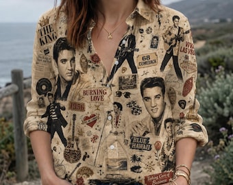 Elvis Presley Blouse Shirt, Vintage Rock and Roll Shirt for Women, Retro Music Button Up, Vegas Collage Shirt, Rockabilly Gift