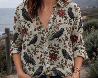 Vintage Raven Floral Blouse Shirt, Botanical Bird Button Up Shirt, Cottagecore Garden Top, Gothic Nature Blouse, Crow Lover Gift