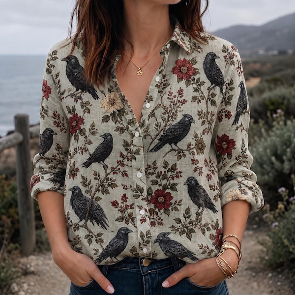 Vintage Raven Floral Blouse Shirt, Botanical Bird Button Up Shirt, Cottagecore Garden Top, Gothic Nature Blouse, Crow Lover Gift