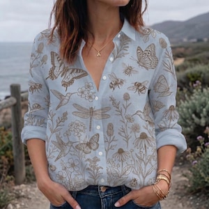 Vintage Botanical Blouse, Wildflower Button Up Shirt, Butterfly Bee Hummingbird Top, Cottagecore Nature Garden Gift
