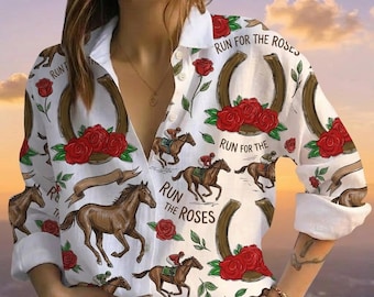 Kentucky Derby Horse Racing Linen Look Shirt, Red Rose Horseshoe Blouse, Derby Time Party Outfit, Southern Preppy Top, Gift For Her