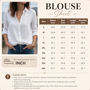 May include: A white long-sleeved button-down blouse with a collar and a V-neckline. The image includes a size chart with measurements in inches for sizes S through 6XL, detailing sleeve, bust, length, and shoulder dimensions for the garment.
