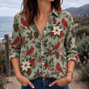 Christmas Cardinal Button Down Shirt, Winter Cardinal Blouse, Poinsettia Holiday Top, Festive Nature Shirt, Xmas Gift for Her