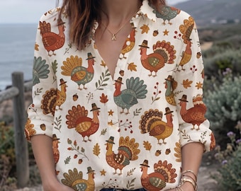 Retro kalkoen shirt, outfit voor het Thanksgiving diner, herfstblouse met lange mouwen en botanische print, vintage herfstkleding, cadeau voor haar