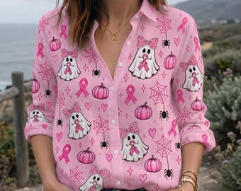 Pink Ribbon Ghost Halloween Blouse, Breast Cancer Awareness Button Up Shirt, Cute Pumpkin Spooky Women's Top, October Apparel