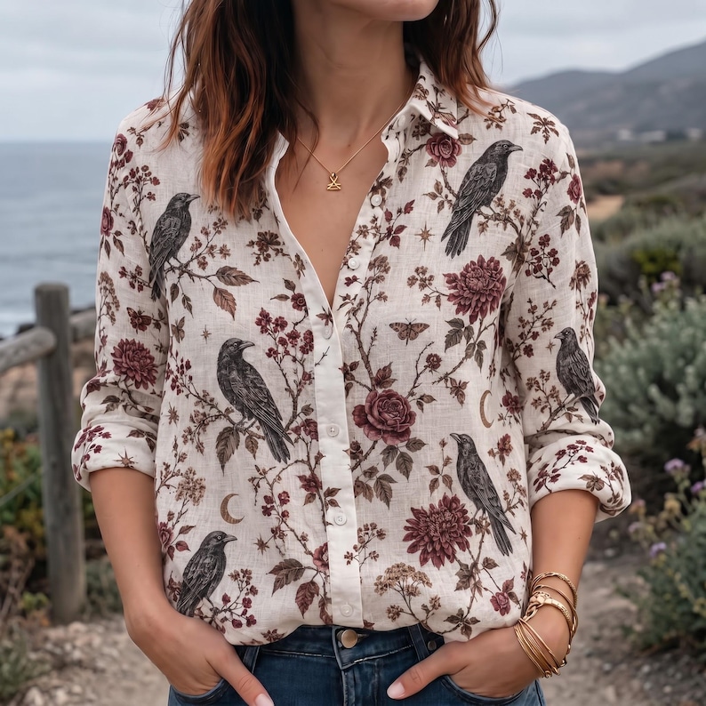 Gothic Raven Blouse, Autumn Botanical Button Up Shirt, Witchy Floral Top, Dark Academia Clothing, Cottagecore Fall Gift for Her