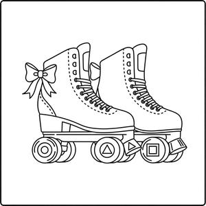 May include: Black and white illustration of a pair of roller skates. The skates have laces, a high-top design, and wheels with geometric shapes. A bow adorns the back of one skate, adding a decorative touch to the design.