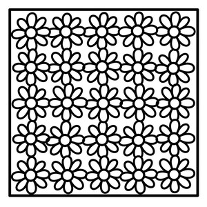 May include: Black and white floral pattern. The design features a grid of daisy-like flowers with rounded petals and a central circle. The flowers are evenly spaced within a square frame, creating a repeating pattern.