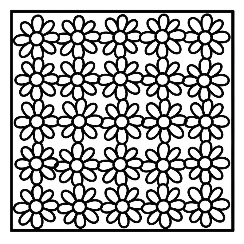 May include: Black and white floral pattern. The design features a grid of daisy-like flowers with rounded petals and a central circle. The flowers are evenly spaced within a square frame, creating a repeating pattern.