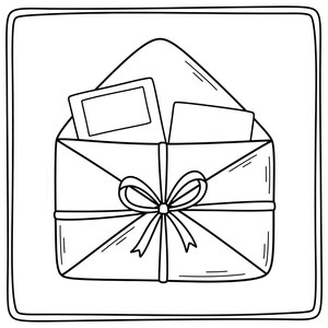 May include: Black and white line art illustration of an open envelope tied with a bow. Two cards are visible inside the envelope. The envelope is rectangular with a pointed flap.