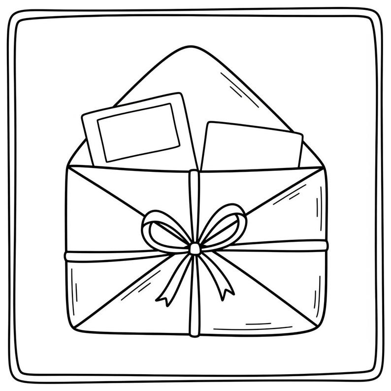 May include: Black and white line art illustration of an open envelope tied with a bow. Two cards are visible inside the envelope. The envelope is rectangular with a pointed flap.