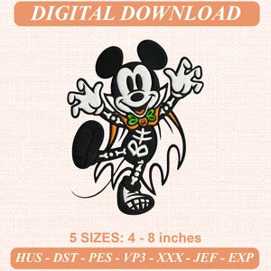 May include: An embroidery design of a cartoon mouse dressed as a vampire with a skeleton print on the body, wearing a green bow tie with a pumpkin face, and a cape. The text reads DIGITAL DOWNLOAD and 5 SIZES: 4 - 8 inches with file formats.