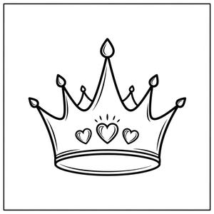 May include: Black and white line art illustration of a crown. The crown features a series of points, three hearts, and a decorative base. The design is simple and elegant, suitable for various applications.