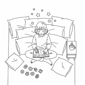 以下が含まれることがあります： ベッドに座って本を書いている人の白黒イラスト。枕が人を囲み、上には星の形があります。サイドテーブルにはマグカップがあり、クッキーがベッドに散らばっています。