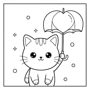 May include: A black and white illustration of a cute cat holding an umbrella. The umbrella is heart-shaped. The cat has large eyes and whiskers. The background has stars and circles.