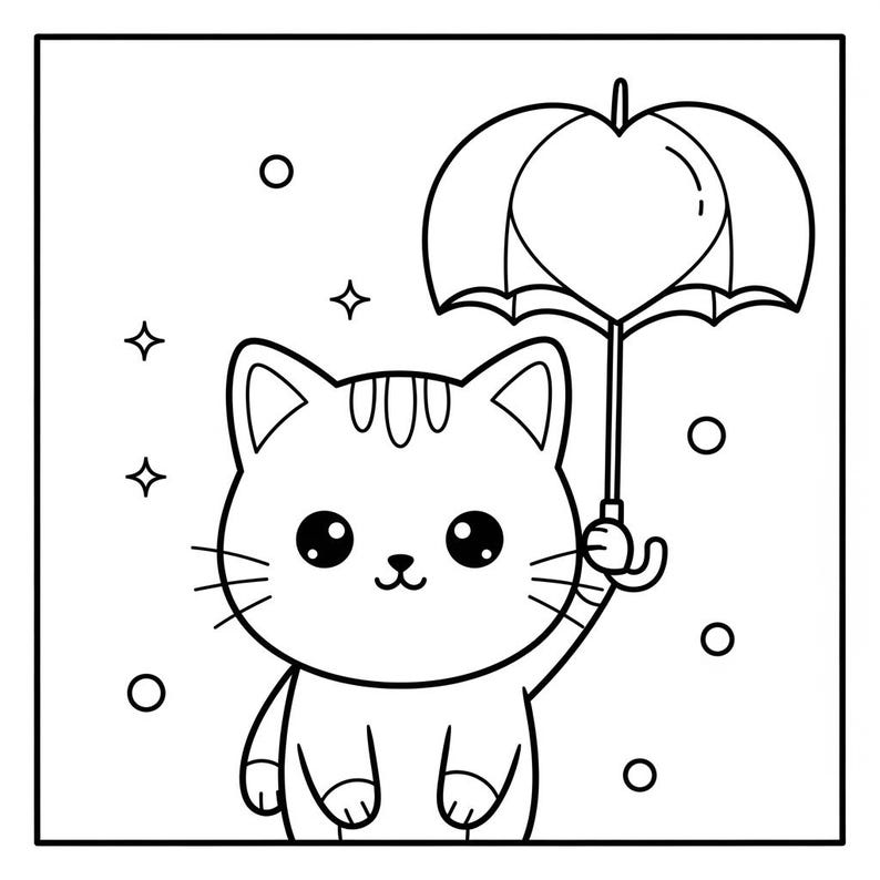 May include: A black and white illustration of a cute cat holding an umbrella. The umbrella is heart-shaped. The cat has large eyes and whiskers. The background has stars and circles.