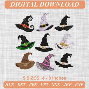Puede incluir: Un diseño de bordado de descarga digital con nueve sombreros de bruja en varios colores y patrones, incluyendo negro, marrón, morado y verde. El texto dice DIGITAL DOWNLOAD, 5 SIZES: 4 - 8 inches, y HUS - DST - PES - VP3 - XXX - JEF - EXP.
