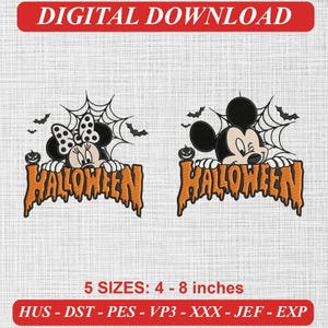 Puede incluir: Un diseño de bordado digital con dos personajes de dibujos animados asomándose sobre un texto naranja que gotea HALLOWEEN. Cada personaje está enmarcado por una telaraña, murciélagos y una calabaza. 5 tamaños de 10 a 20 cm.