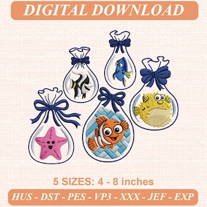 May include: Digital download embroidery design featuring five cartoon sea creatures inside clear bags tied with dark blue bows. The creatures include a pink starfish, a black and white fish, a blue fish, an orange clownfish, and a yellow pufferfish. Text reads: DIGITAL DOWNLOAD, 5 SIZES: 4 - 8 inches, HUS - DST - PES - VP3 - XXX - JEF - EXP.