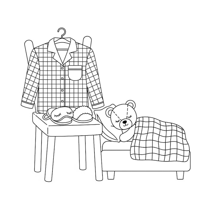 以下が含まれることがあります： 白黒のイラストで、就寝時のシーンです。チェック柄のパジャマのトップスがハンガーにかかっています。スリープマスクとスリッパが小さなテーブルの上に置かれています。テディベアがチェック柄の毛布をかけてベッドで寝ています。