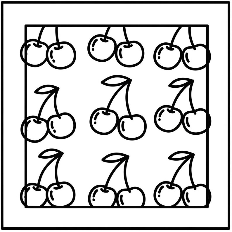 May include: Black and white line art illustration of nine pairs of cherries arranged in a grid pattern. Each cherry pair has a stem and a leaf. The image is framed by a black border.