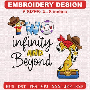 Könnte beinhalten: Ein Stickmuster mit dem Text 'TWO infinity AND Beyond' und einer Ziffer 2 in Form eines Cowboy-Outfits. Das Design umfasst einen braunen Hut, ein gelbes Karohemd, eine Kuhfellweste und einen blauen Gürtel. Erhältlich in 5 Größen von 10 bis 20 cm.