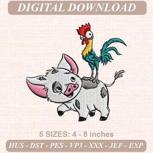 Puede incluir: Diseño de bordado de descarga digital que muestra un cerdo blanco con orejas rosas y manchas negras, con un gallo de dibujos animados con cresta roja y plumas verde azulado sobre su espalda. Texto: DIGITAL DOWNLOAD, 5 SIZES: 10 - 20 cm, HUS - DST - PES - VP3 - XXX - JEF - EXP.